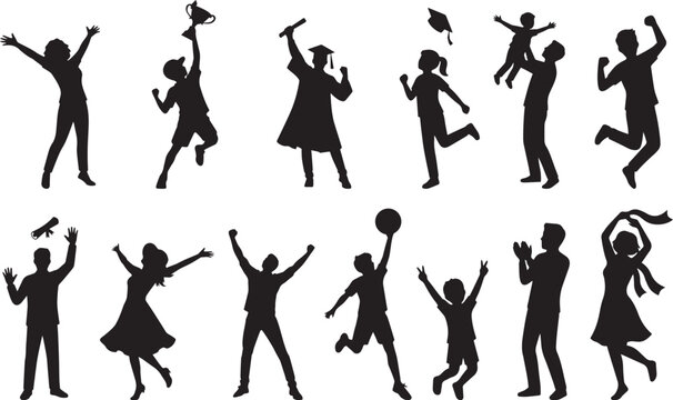 Collection of silhouettes depicting people jumping and celebrating joyful moments