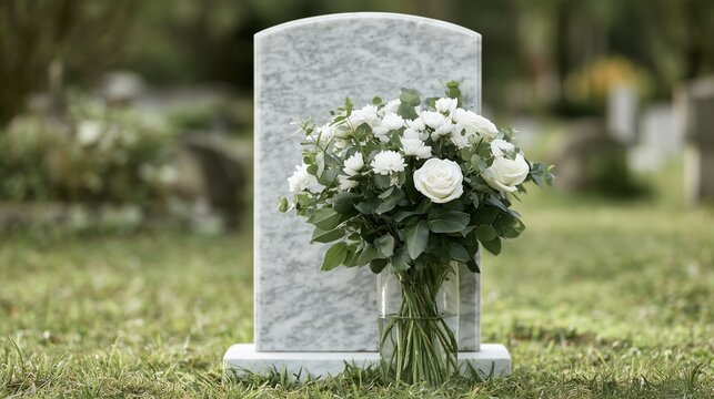 Flowers are placed at a gravestone in a cemetery during the daytime