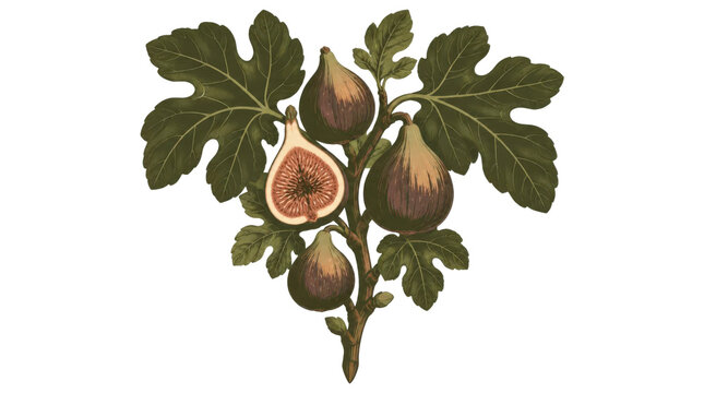 Fig Tree Branch with Fruit and Leaves Botanical Illustration