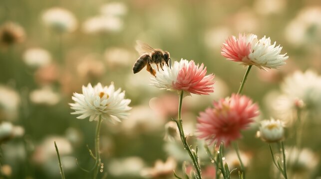 Bees pollinating flowers in a field during daylight hours in spring