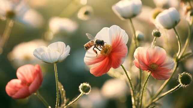 Bees collect nectar from flowers during daytime in a garden setting
