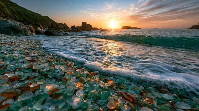 Sunrise over a beach with sea glass along the shore