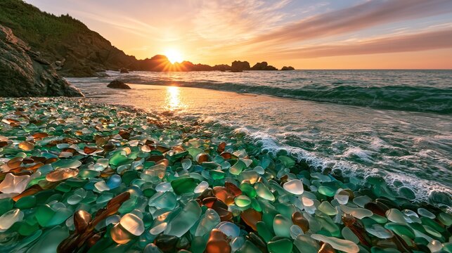 Sunrise over the beach with sea glass scattered on the sand in a coastal area