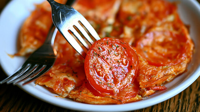 Pan-fried tomato slices seasoned with herbs on a small white plate