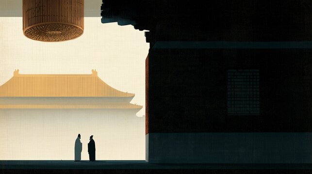 Two figures stand in front of a traditional building under a large hanging lantern at dusk