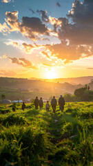 Obraz premium A family walks through a golden field towards the horizon at sunset, symbolizing hope, togetherness, and exploration. This evocative landscape inspires a sense of peaceful journey and freedom.