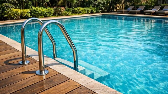 Luxury Swimming Pool with Stainless Steel Handrail on a Wooden Deck