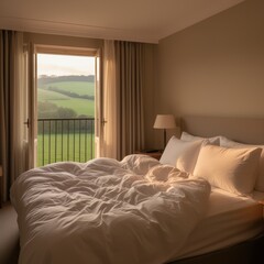 Fototapeta premium Bedroom with open window overlooking green countryside