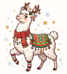 Obraz premium Cute Christmas Llama Wearing A Festive Scarf And Blanket With Reindeer Antlers Decorated With Ornaments And Stars Surrounded By Falling Snowflakes For A Joyful Holiday Season Greeting Card Design