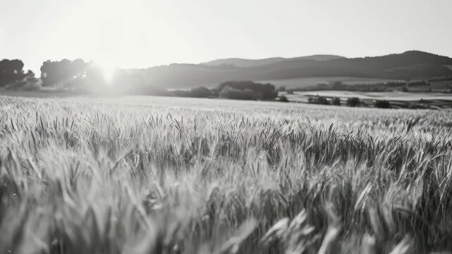 Monochrome View of a Wheat Field in a Hazy Rural Landscape