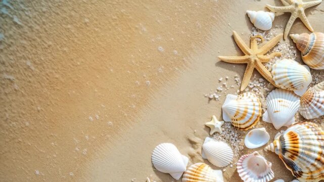 Sea shells and starfish on a sandy beach with sea foam