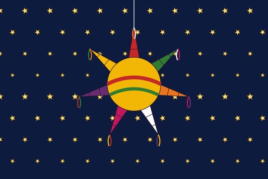 Mexican seven point Christmas pinata hanging on starry night background, posada celebration