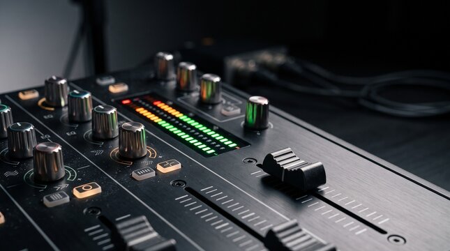 Professional audio mixing console close-up featuring metal knobs, glowing led volume level meters, and sliding faders in a modern recording studio