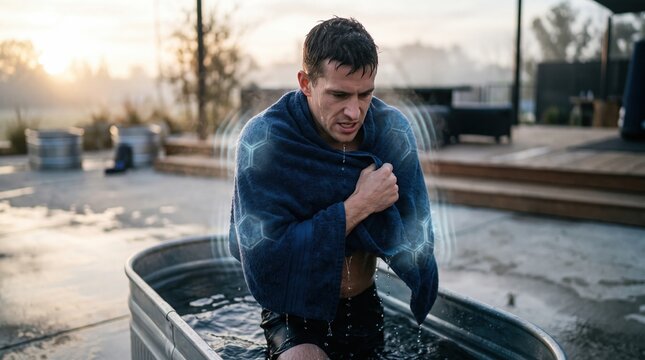 an ice bath tub with a towel and energy graphics for recovery.