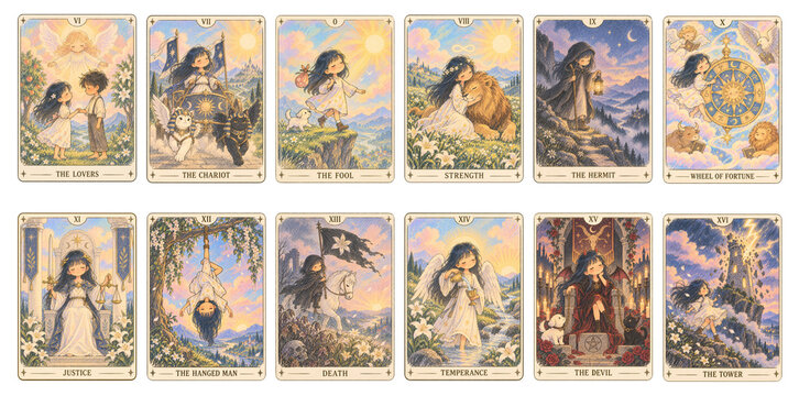Twelve pastel major arcana tarot cards featuring The Fool, The Lovers, The Chariot, Strength, Justice, Death and The Tower.