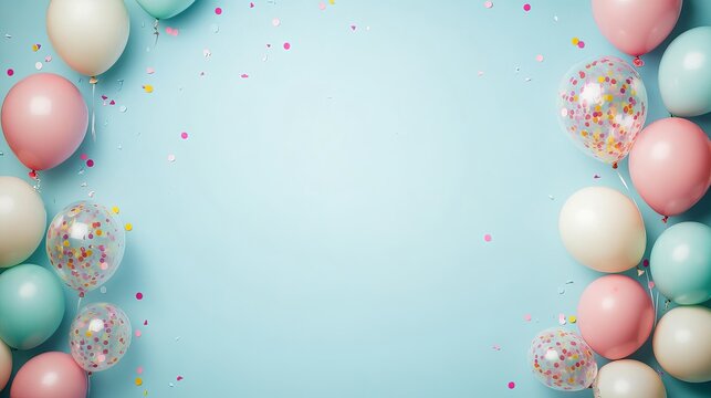 Pastel balloons and confetti arranged decoratively, creating a festive celebration border, perfect for party themes
