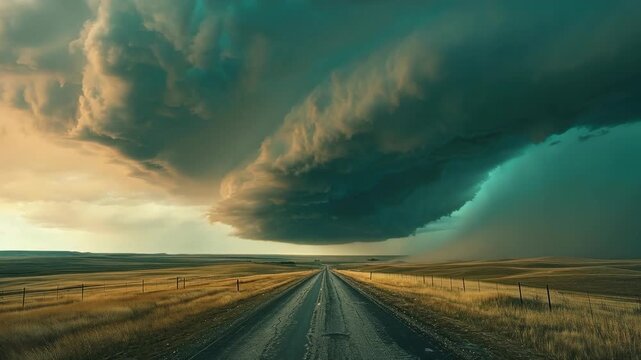 Massive Supercell Storm Cloud Looming over a Rural Prairie Road