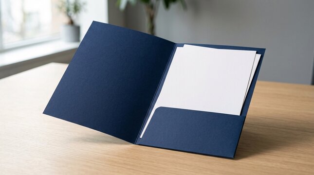 Dark blue open presentation folder mockup with blank white paper on a wooden desk in a modern office interior