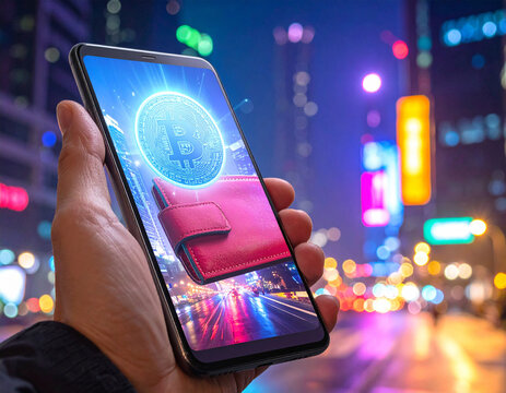 A hand holds a smartphone displaying a glowing digital wallet and cryptocurrency coin. This futuristic, vibrant night scene captures the modern evolution of finance and secure virtual banking.