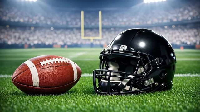 American Football and Helmet on Grass Field in a Stadium