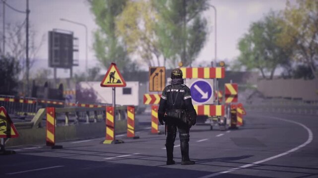 Decontamination guard at road closure checking perimeter, heavy suit and mask, striped barrier and triangular warning sign, muted color palette with distant
