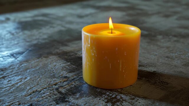 Burning Yellow Wax Candle on Textured Surface