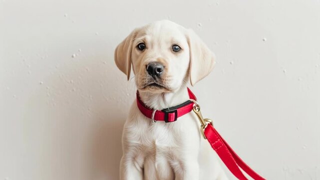 Cute Yellow Labrador Retriever Puppy with Red Collar and Leash