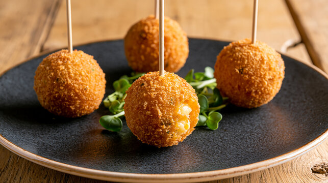 Golden crispy cheese balls on wooden skewers for party appetizers with fried cheese