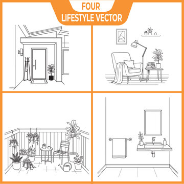 Minimalist lifestyle vector illustration of interior and exterior home scenes with plants