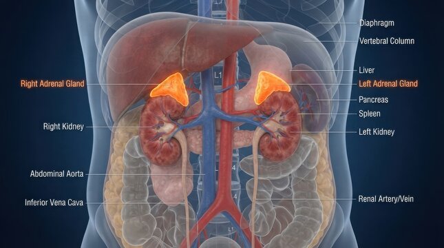 Human adrenal glands and kidneys medical anatomy diagram illustration