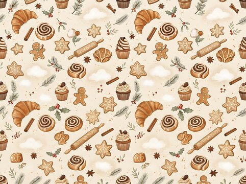 Christmas festive pattern featuring bakery treats and cookies with festive motifs for holiday decor.