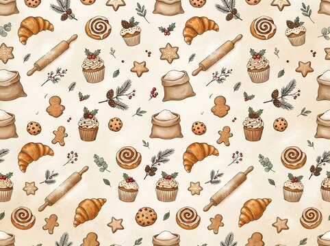 Christmas baking seamless pattern with sweet pastries and ingredients on light background.