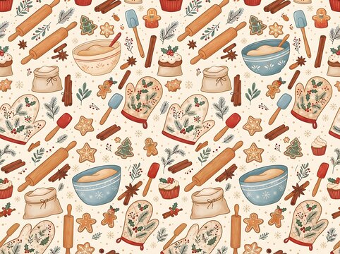 Christmas baking seamless pattern with rolling pins oven mitts bowls and gingerbread on cream background.