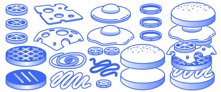 Halftone burger ingredients set on white background. Vector illustration of layered bun, beef patty, cheese, fried egg, tomato and onion slices, outline hamburger components for menu design