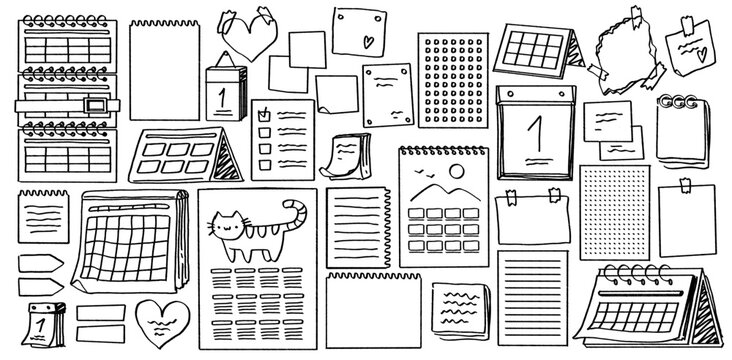 Hand drawn calendar doodles with sketched icons. Vector set of notebook pages, outline sticker frames and cute memo notes for planning, scheduling, creative journal, diary or school poster designs