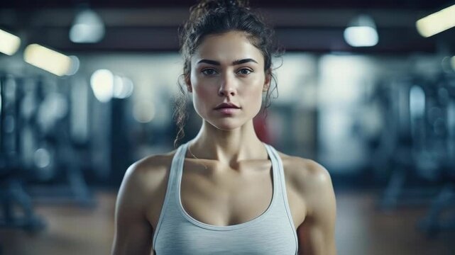 Determined Young Woman in Sports Bra in a Fitness Gym