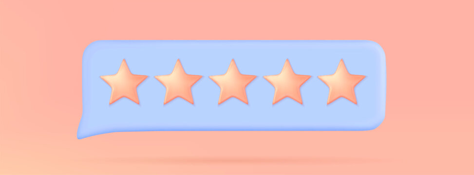 Five-star rating icon for review system design. Vector realistic illustration of five pastel stars in color bubble, premium quality sign for service or product feedback, customer satisfaction score