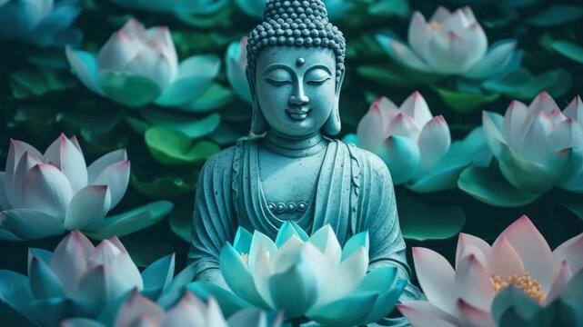Serene Stone Buddha Sculpture Surrounded by Blooming Lotus Flowers