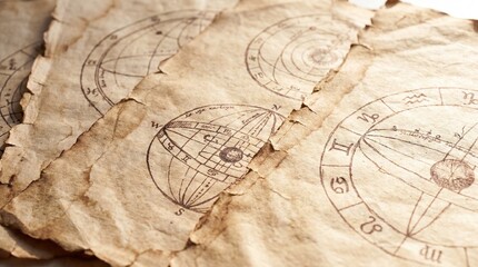 Obraz premium Astrological zodiac charts drawn on aged parchment. Antique celestial diagrams and horoscope symbols. Astrology, divination and birth chart concept. Esoteric study and occult symbolism.