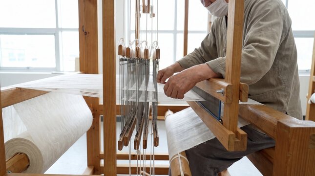 Artisan weaving white cloth on a wooden loom in a textile workshop. Handloom craft and traditional textile making. Fabric production, handmade craftsmanship and slow fashion.