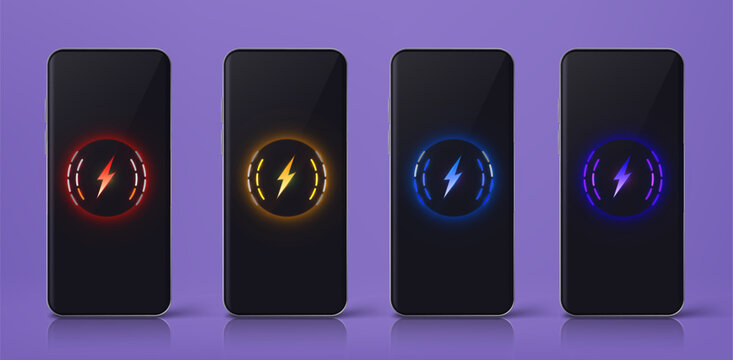 Smartphone mockup set with charge level icons isolated on transparent background. Vector realistic gadget mockups with circle loading bar, battery symbol on screen, mobile device recharging