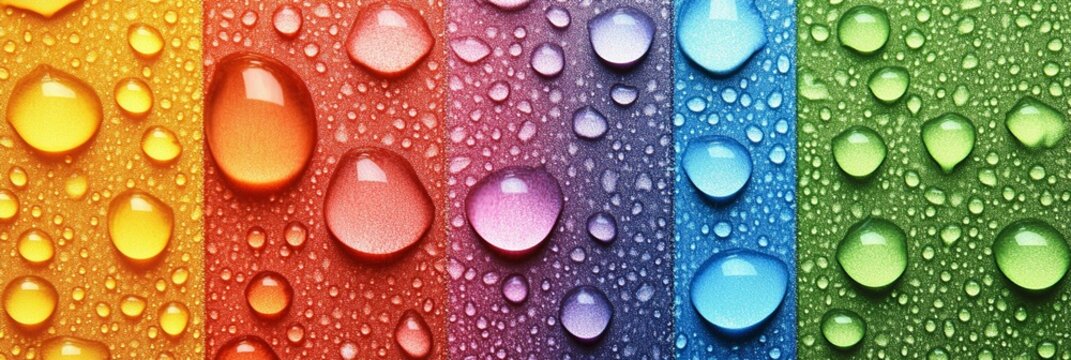 Rainbow droplets on a vibrant multicolored background showcasing water textures and abstract patterns, perfect for design and creative projects needing colorful inspiration.