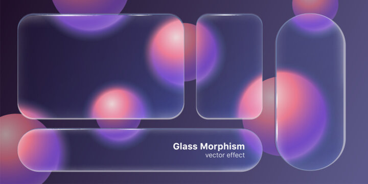 Glassmorphism ui elements, transparent glass interface frames with translucent rounded panels. Glowing gradient spheres and blur effects on a dark background. Futuristic vector design template.