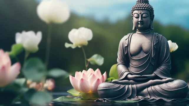 Serene Buddha Statue Meditating in a Garden with Lotus Flowers