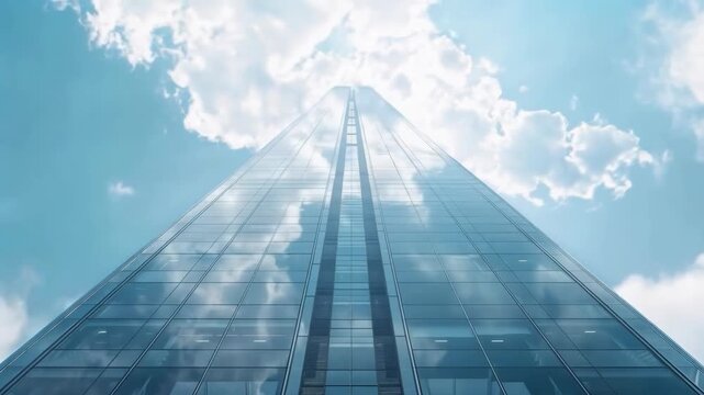 Low-Angle Perspective of a Modern Glass Skyscraper Reaching to the Sky