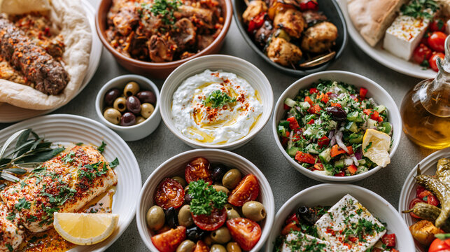 Various mediterranean mezze dishes served in small bowls on a dining table with culinary