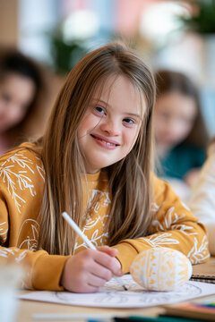 Yellow sweatshirt on smiling teenager with Down syndrome looking at camera while drawing, inclusive education