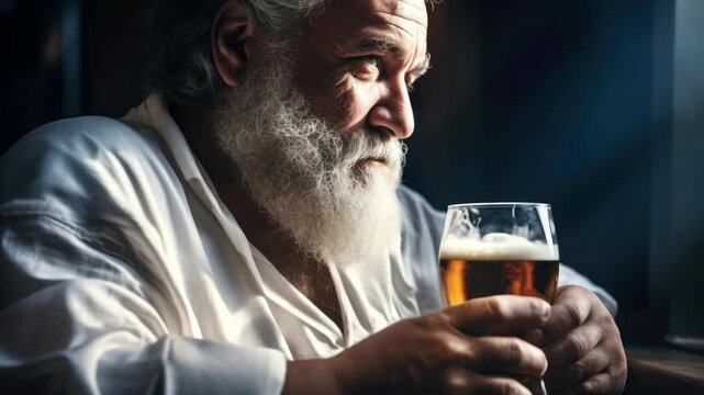 Elderly Man with White Beard Holding a Glass of Beer