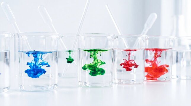 Colored dye dispersing in water inside laboratory beakers. Liquid pigments form swirling patterns. Chemistry experiment and scientific research. Fluid dynamics and abstract science