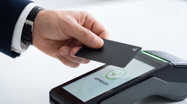 Hand holding contactless bank card over payment terminal for approved transaction. Cashless checkout and digital payment. Secure banking, retail purchase and point of sale technology.